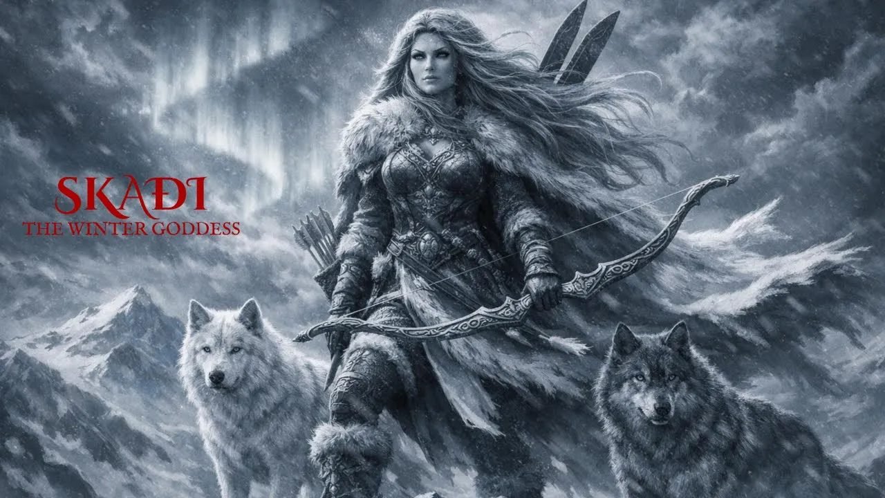 Skaði the winter hunter in mountain snow