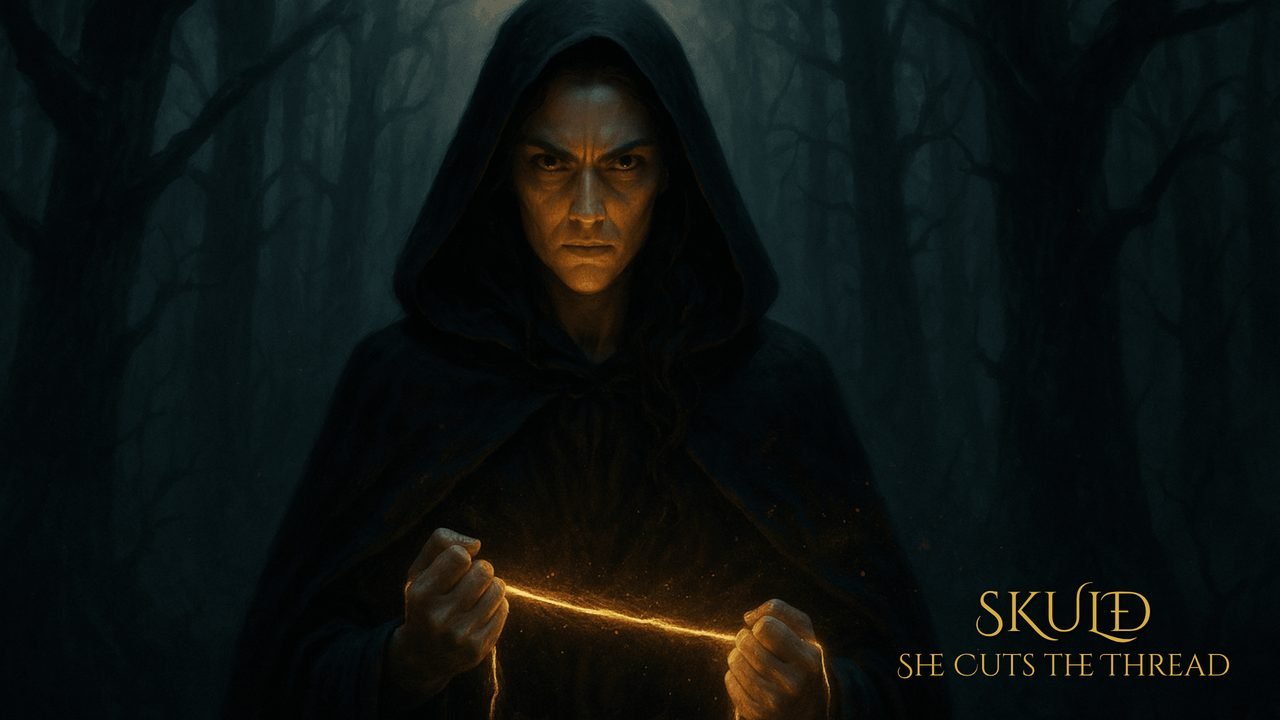 Skuld the hooded Norn in dark woods