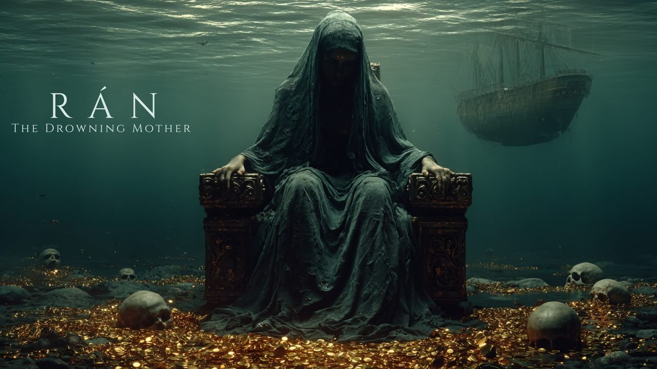 Rán sea goddess in dark water with bones